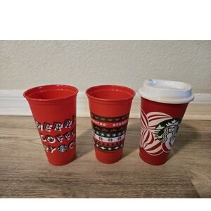 Set of 3 Starbucks Christmas Geometric Plastic Reusable Red Cups 16 oz 1 Lid
